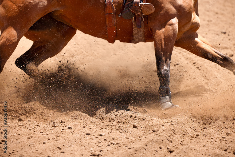 Obraz premium A close up view of a horse running and throwing up dirt all in focus with room for text. No people.
