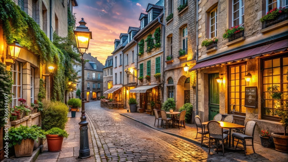 Fototapeta premium Narrow cobblestone street lined with charming historic buildings, ornate lampposts, and quaint cafes, evoking classic French elegance and romanticism in soft, warm light.