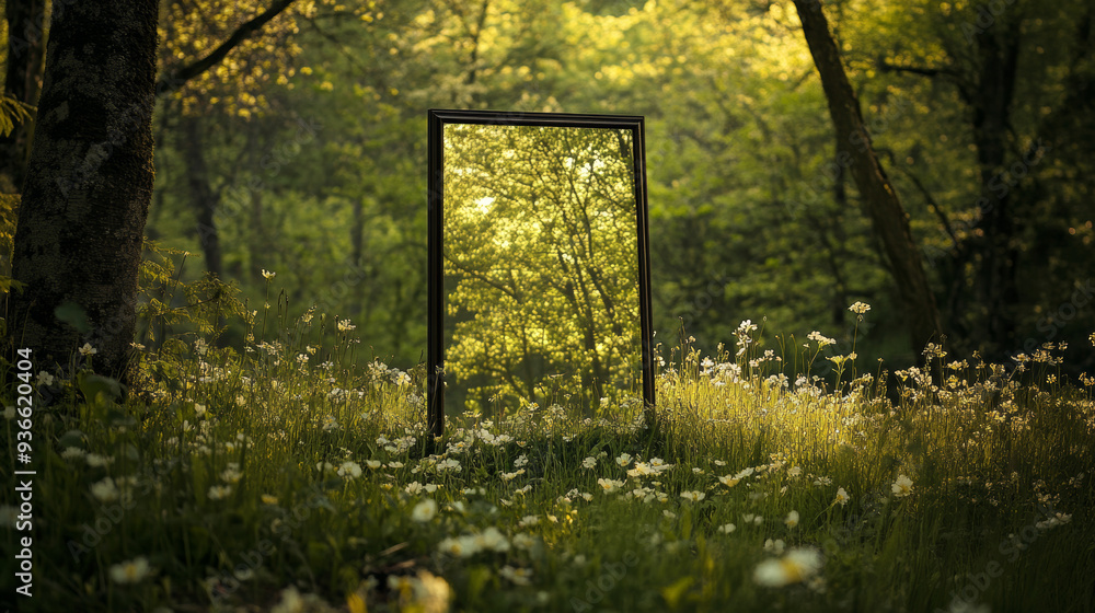Obraz premium “A mirror placed on fresh spring grass. The mirror reflects the surrounding greenery and vibrant spring colors,
