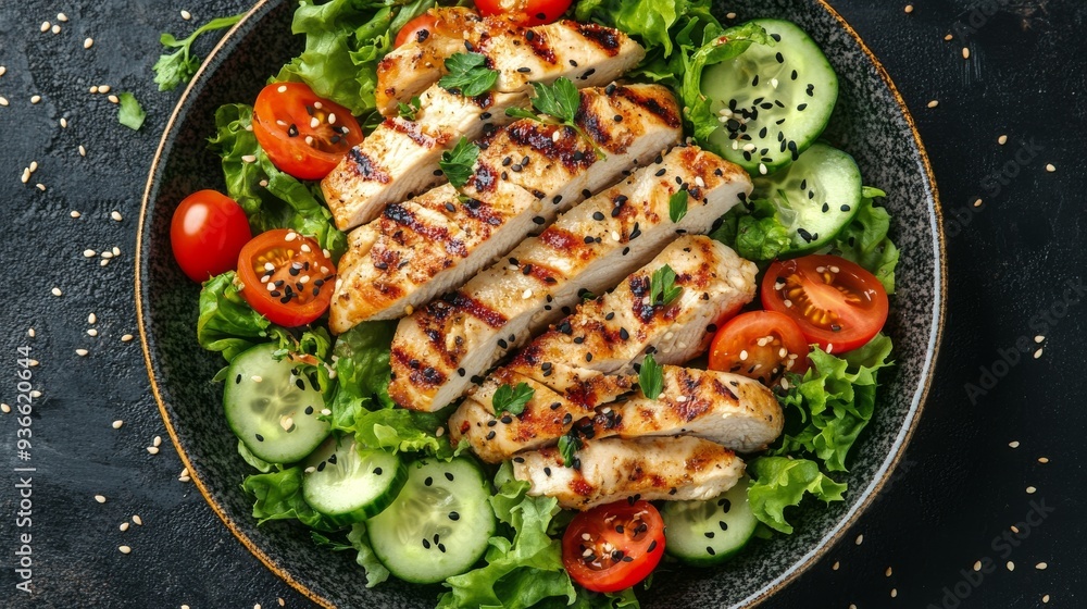 Grilled chicken salad with fresh vegetables and cherry tomatoes in a bowl Grilled chicken salad with fresh vegetables and cherry tomatoes in a bowl