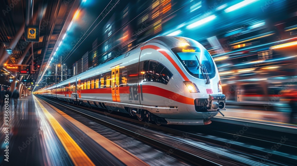 Fototapeta premium Modern high-speed train at night in a city station - generative ai