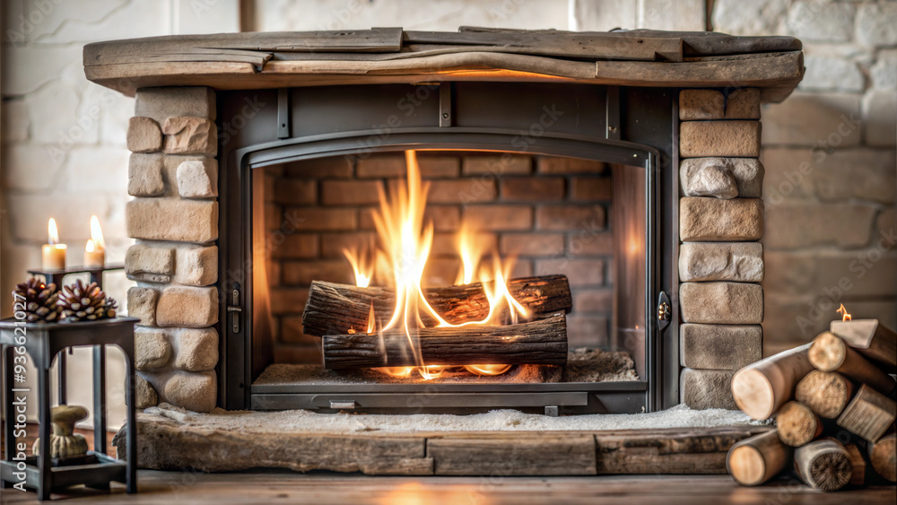 Cozy fireplace with burning wood logs and warm ambiance in a rustic living room Cozy fireplace with burning wood logs and warm ambiance in a rustic living room