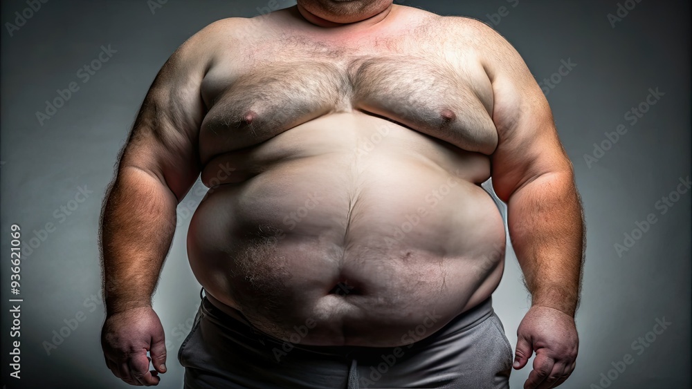 Obese torso with prominent abdominal fat, accentuated by a deep navel ...