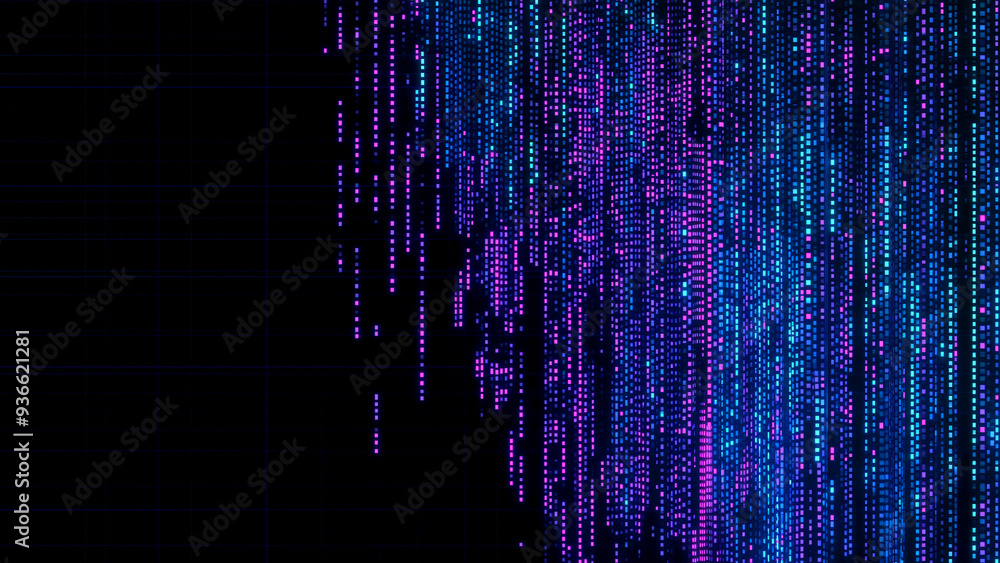Dark background, vertical lines of blue and purple light with digital ...