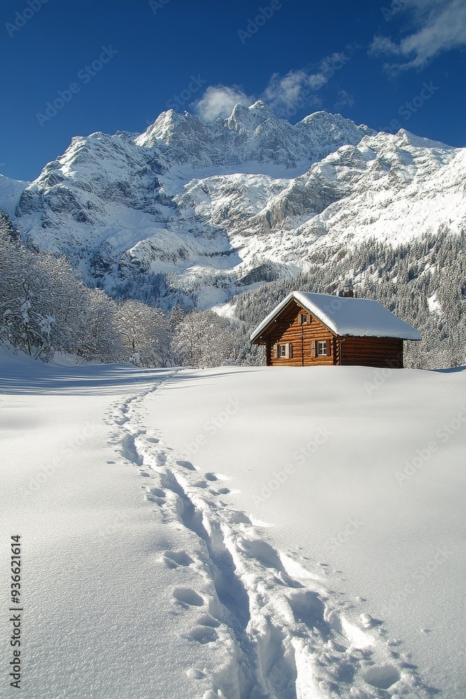 Footprints lead to a secluded cabin in snowy mountains on a clear winter day Footprints lead to a secluded cabin in snowy mountains on a clear winter day