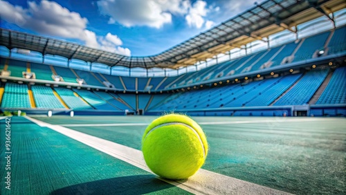 Official tennis ball sits on the court of the Hard Rock Stadium, the premier venue for the prestigious tennis tournament in Miami Gardens, Florida. photo