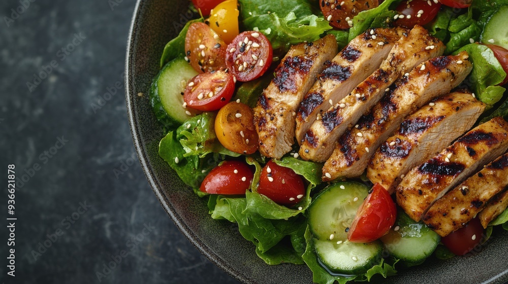 Grilled chicken salad with fresh vegetables and cherry tomatoes in a bowl Grilled chicken salad with fresh vegetables and cherry tomatoes in a bowl