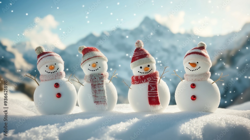 Obraz premium cute snowman family with snow mountain background