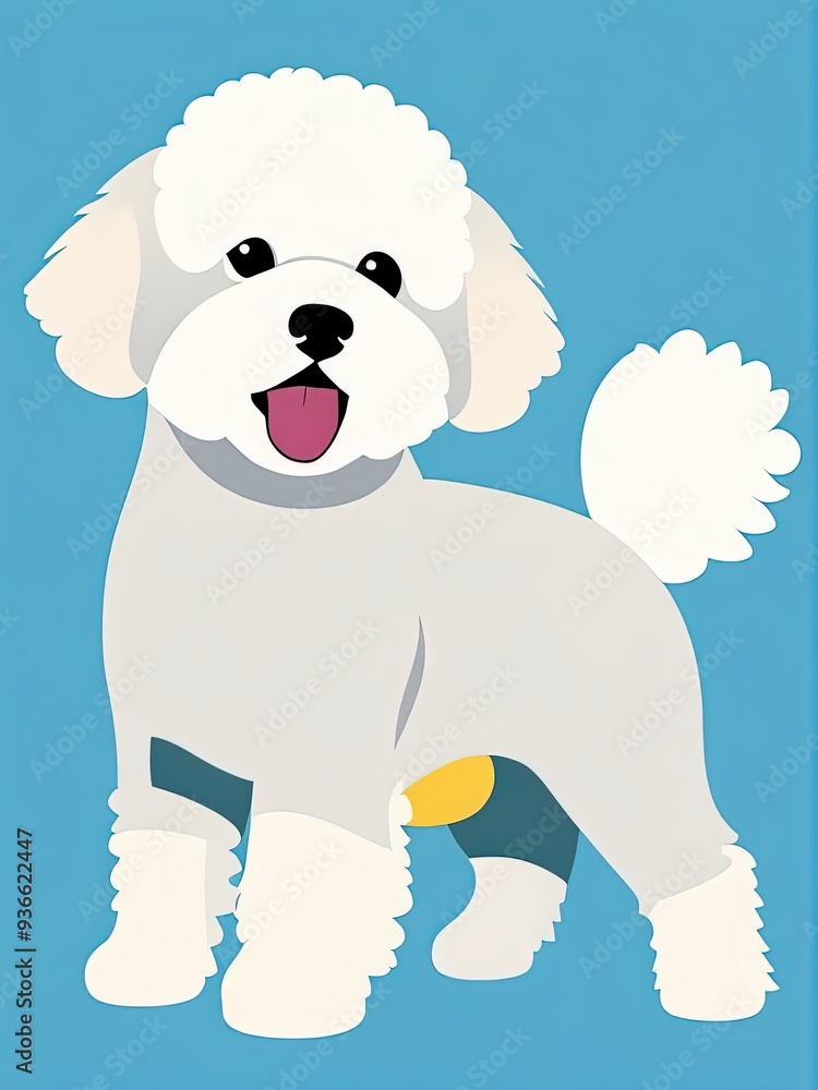 Cartoon illustration of a cheerful Bichon Frise with a curly coat, standing happily on a vibrant blue background. Cartoon illustration of a cheerful Bichon Frise with a curly coat, standing happily on a vibrant blue background.