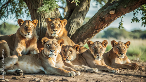 Photograph a lion pride lounging in the shade of an acacia tree photo