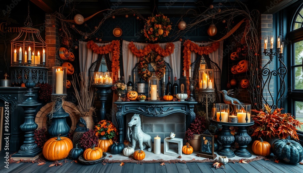 Obraz premium A dark and mysterious Halloween scene with pumpkins, candles, and a fireplace.