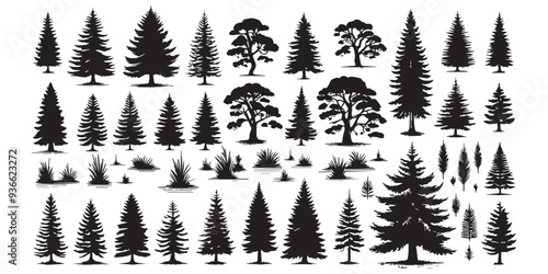 set of forest trees silhouette
