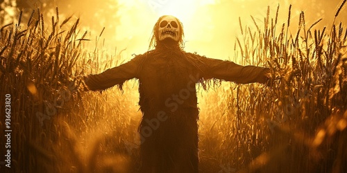 In the mature wheat field stands a scary scarecrow, death mask, a light shines on the scarecrow, 