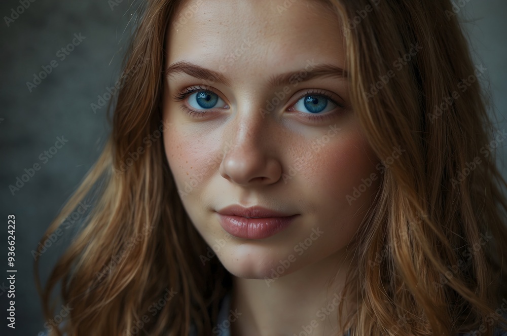 Fototapeta premium Portrait of a beautiful young woman with blue eyes and brown hair.