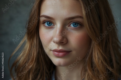 Portrait of a beautiful young woman with blue eyes and brown hair.