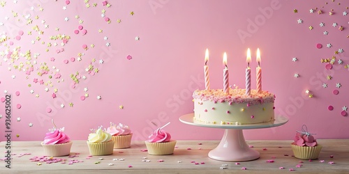 Pastel pink background adorned with lit candles, cake, and confetti, perfect for a girl's first birthday or anniversary celebration, with ample copy space. photo