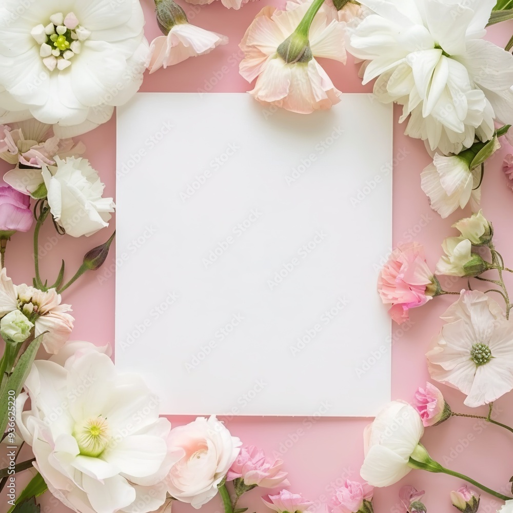 mockup white blank paper sheet with delicate flowers top view, floral template empty card flat lay for design on pink background mockup white blank paper sheet with delicate flowers top view, floral template empty card flat lay for design on pink background