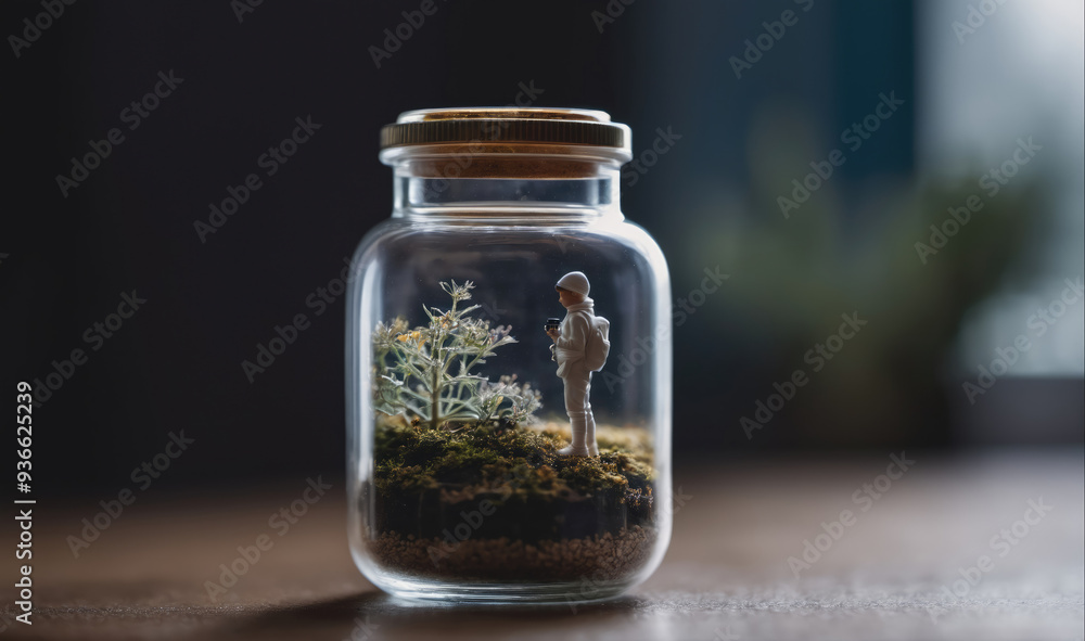 A miniature person stands in a glass jar, looking at a small tree growing inside A miniature person stands in a glass jar, looking at a small tree growing inside