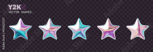 Chrome 3d star holographic collection on Y2K stile. isolated shiny chrome shapes 2000s and are perfect for futuristic designs.