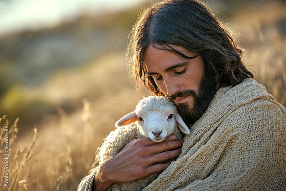 Jesus Christ holding a little lamb of Easter holiday concept Jesus Christ holding a little lamb of Easter holiday concept