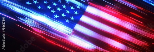 neon American flag, glowing red, white, blue 