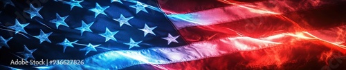 neon American flag, glowing red, white, blue