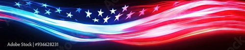 neon American flag, glowing red, white, blue 