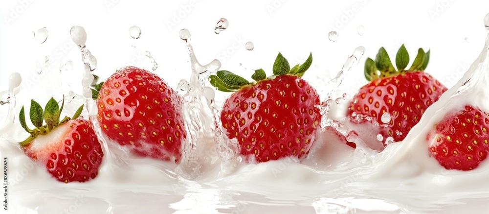 Fresh Red Strawberries Splashing into White Milk Fresh Red Strawberries Splashing into White Milk