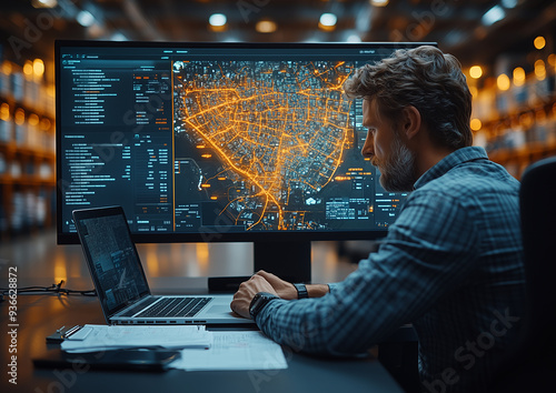 A manager in the Office of the logistics company analyzes the data on the screen and plans the next steps for delivery