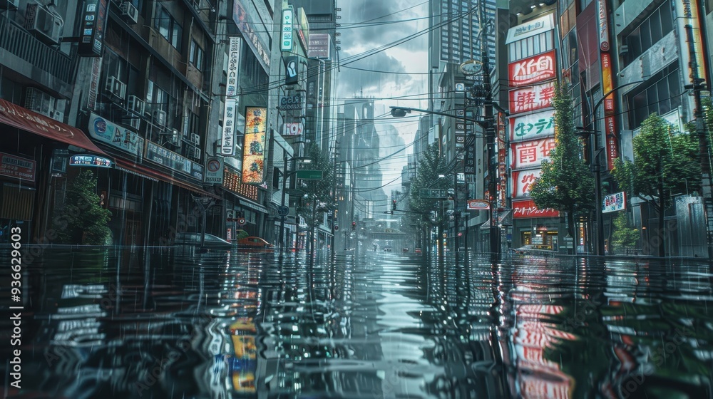 Water covers the streets of a bustling city, with buildings and neon signs partially submerged after a heavy downpour Water covers the streets of a bustling city, with buildings and neon signs partially submerged after a heavy downpour