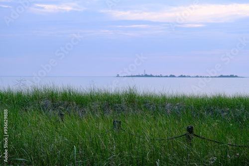 Grass on the bank of  lake, evening, with island view  Lake Huron