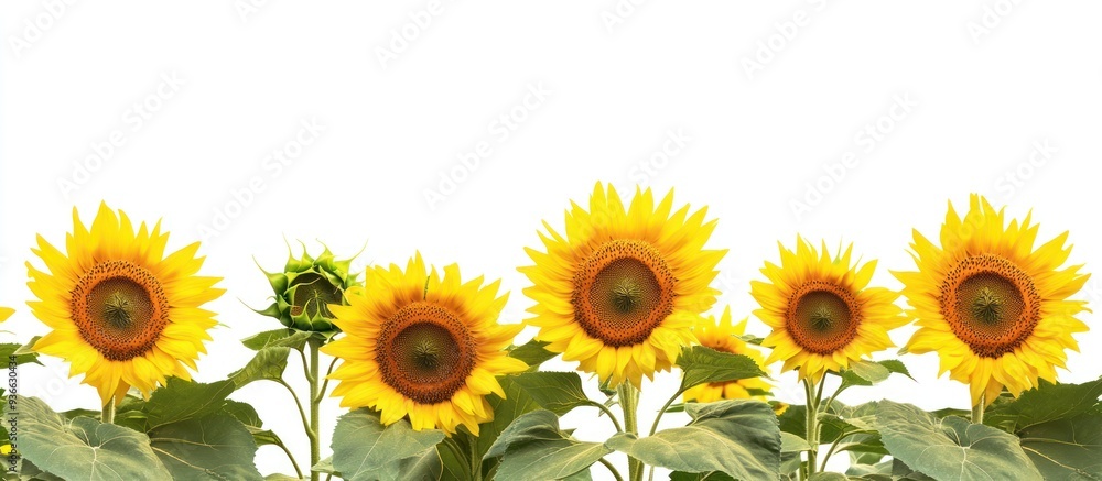 Fototapeta premium A Row of Sunflowers with White Background