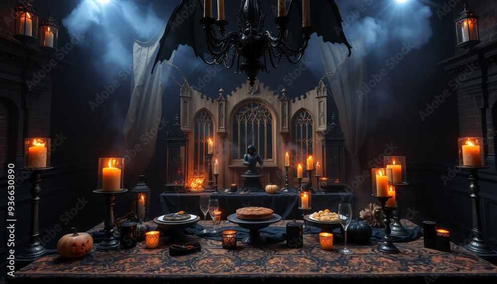 Obraz premium A Halloween dinner table setting with a gothic chandelier, pumpkins, candles, and a delicious-looking dessert.