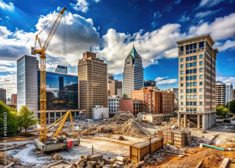 Fototapeta premium Raleigh's urban landscape transforms as cranes rise amidst demolition rubble, capturing the contrasting blend of progress and decay in the downtown North Carolina cityscape.