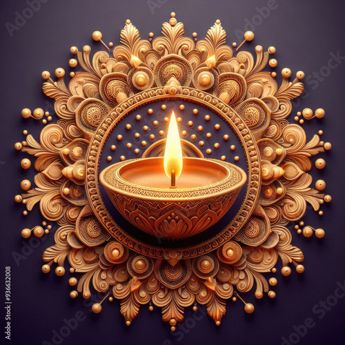 Diya oil lamp on a colorful Rangoli design. Celebrating happy Diwali, the Hindu festival of lights.