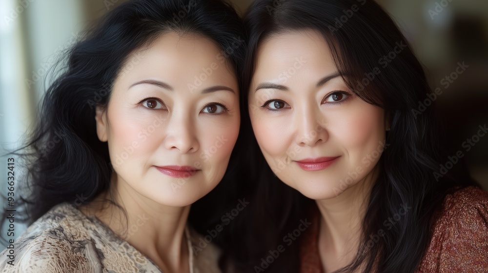 Two women with similar features pose closely together indoors, showcasing their expressions and connection in a warm and inviting atmosphere during late afternoon light Two women with similar features pose closely together indoors, showcasing their expressions and connection in a warm and inviting atmosphere during late afternoon light