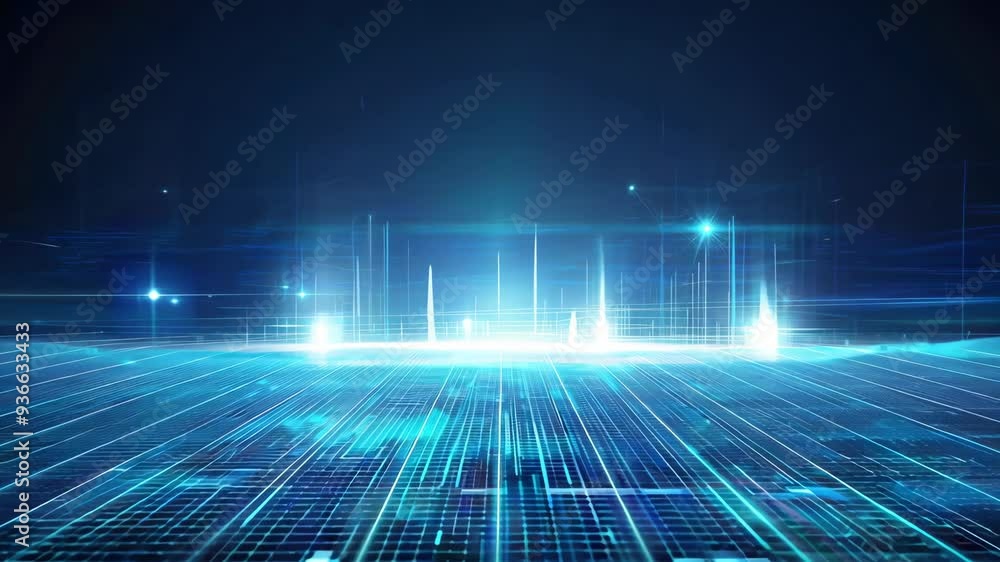 Futuristic digital landscape with glowing lights and grid lines, representing technology and innovation in cosmic space. Futuristic digital landscape with glowing lights and grid lines, representing technology and innovation in cosmic space.