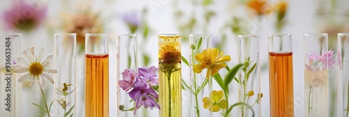 Floral and Botanical Elements in Test Tubes for Natural Fragrance and Essential Oils Derived from Fresh Blooms Scientific Exploration in Laboratory for Nature-Inspired Cosmetics photo