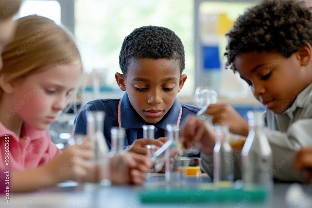 Students engaged in hands-on science experiment in a bright classroom during school hours Students engaged in hands-on science experiment in a bright classroom during school hours