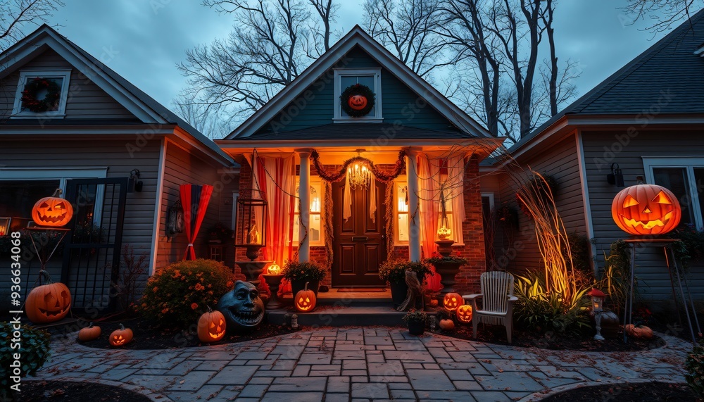 Naklejka premium A beautifully decorated house with pumpkins and lights for Halloween.