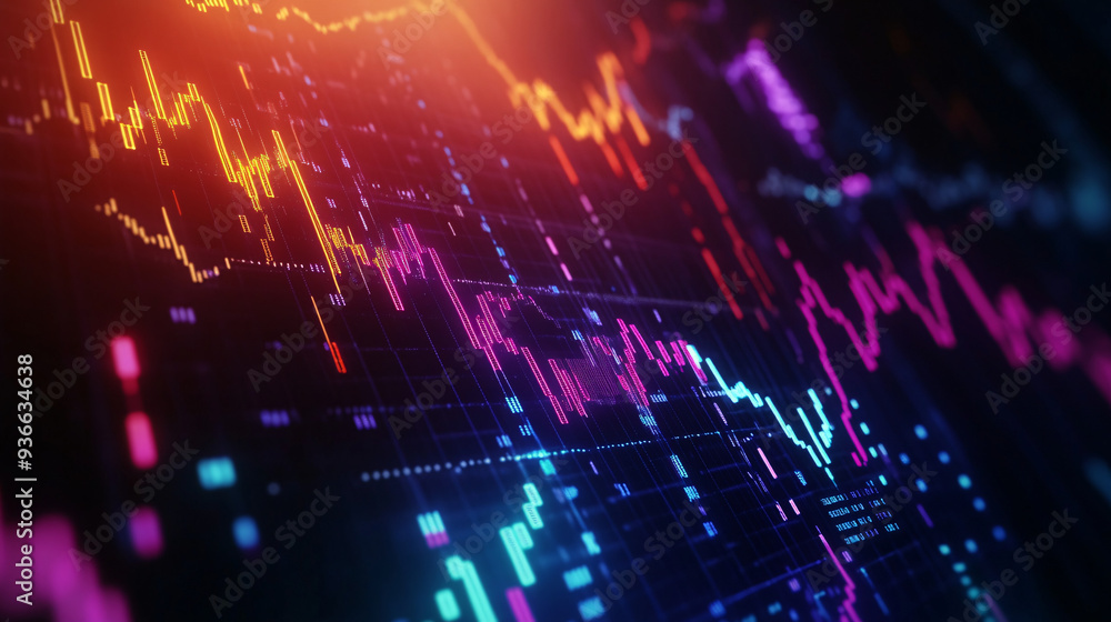 A stock market graph displayed on a screen showing a chart of financial trends. Glowing digital line art of a colorful wave pattern in a dark background