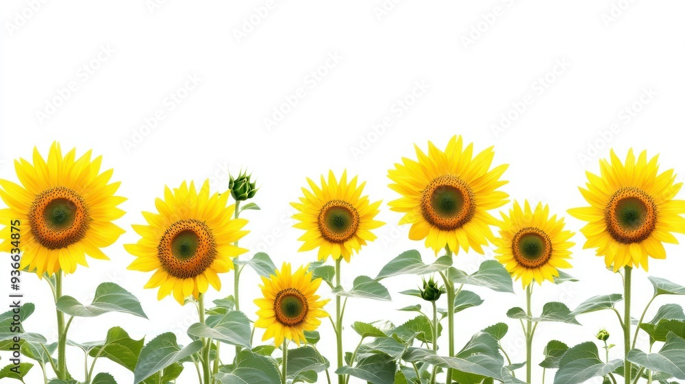 A Row of Sunflowers with Buds and Leaves Against a White Background A Row of Sunflowers with Buds and Leaves Against a White Background
