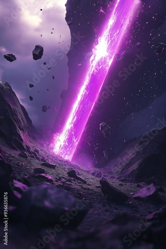 Illustration of a purple energy beam hitting the ground. Fantasy artwork featuring an intense beam of light with rocks flying in a conceptual style.