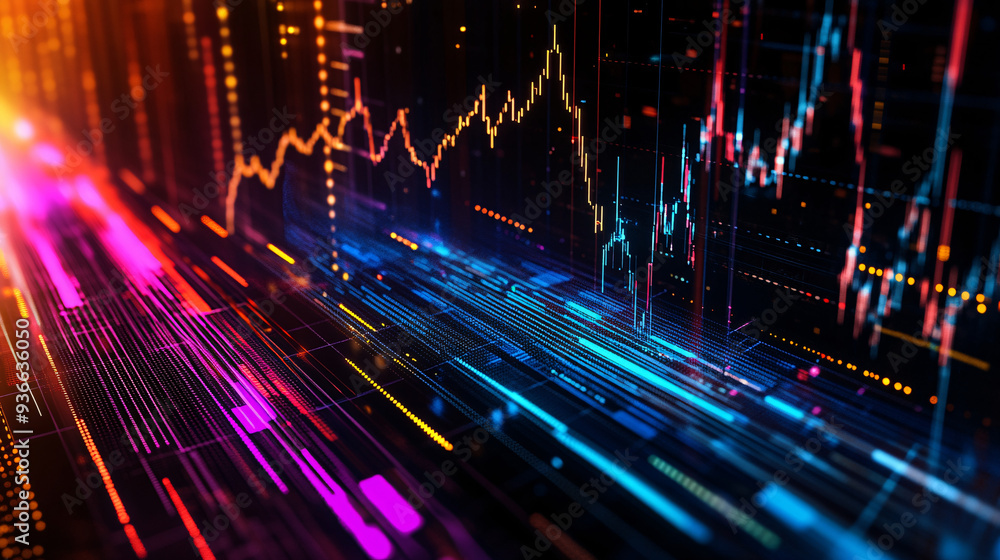 A stock market graph displayed on a screen showing a chart of financial trends. Glowing digital line art of a colorful wave pattern in a dark background A stock market graph displayed on a screen showing a chart of financial trends. Glowing digital line art of a colorful wave pattern in a dark background