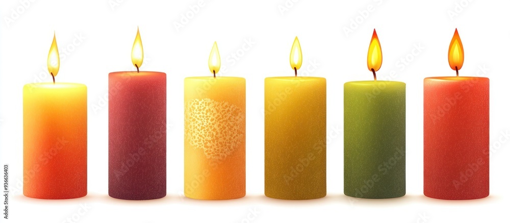 Six Lit Candles with Different Colors and Textures Six Lit Candles with Different Colors and Textures