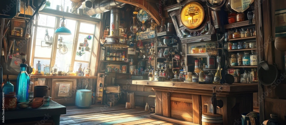 A Sunlit Rustic Bar with Wooden Shelves and Bottles A Sunlit Rustic Bar with Wooden Shelves and Bottles