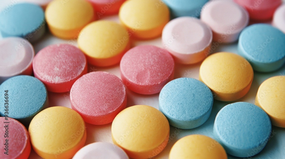 A vibrant collection of rounded pills is arranged on a flat surface, featuring multiple colors such as pink, blue, yellow, and orange. Each pill showcases a smooth finish A vibrant collection of rounded pills is arranged on a flat surface, featuring multiple colors such as pink, blue, yellow, and orange. Each pill showcases a smooth finish