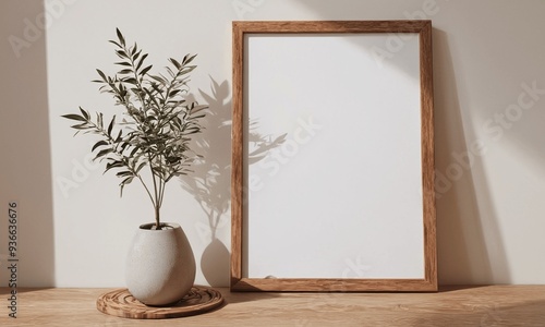 A white framed picture sits on a wooden table next to a plant photo