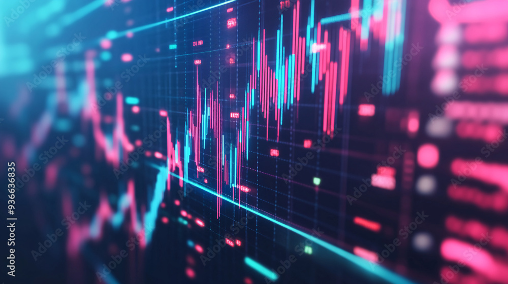 A stock market graph displayed on a screen showing a chart of financial trends. Glowing digital line art of a colorful wave pattern in a dark background A stock market graph displayed on a screen showing a chart of financial trends. Glowing digital line art of a colorful wave pattern in a dark background