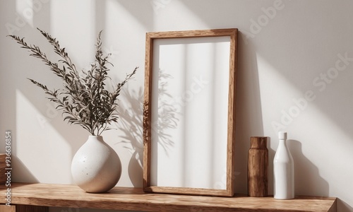 A white framed picture sits on a wooden shelf next to a vase and a bottle